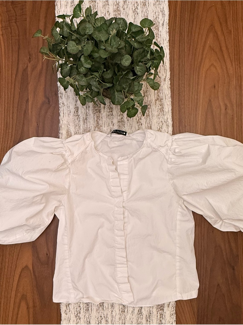 Zara White Puff-Sleeve Henley Blouse